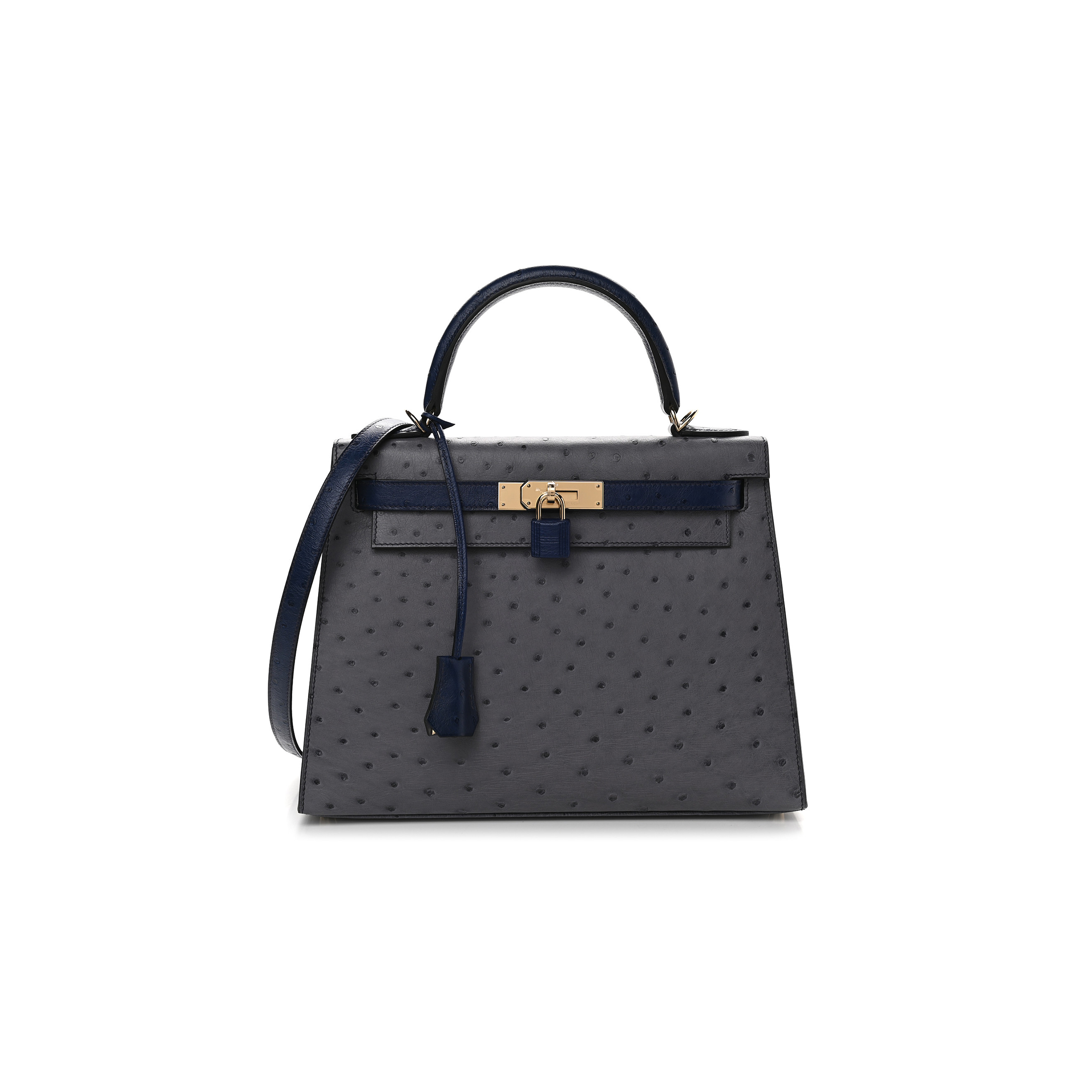 H**mes master ostrich horseshoe kelly sellier 28 gris agate bleu iris (28*22*10cm)